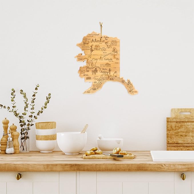 Totally Bamboo Destination Alaska State Shaped Serving and Cutting Board, Includes Hang Tie for Wall Display