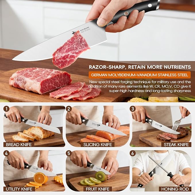 MAD SHARK 8-Piece Knife Block Set, German High-Carbon Steel Chef Set,15° Ultra-Sharp Edge,Full-Tang Lightweight Handle,Gift for husband Wife Friends