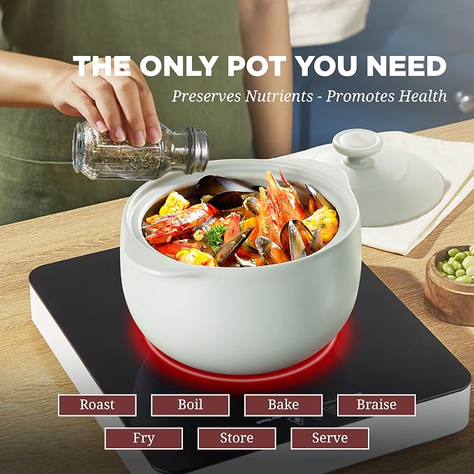 Minh Long 3.17 qt Porcelain Clay Pot for Cooking, Casserole Dish with Lid, Clay Pots for Cooking, Dutch Ovens for Stew, Soup, Steam, Oven & Microwave Safe, Heat Resistant (Vesta, 3.17 qt - Grey)
