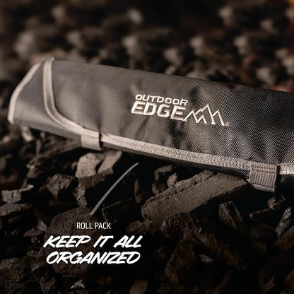 OUTDOOR EDGE ErgoMax Meat Carver Knife Set - Includes Cleaver, Brisket, Butcher & Honing Steel, Premium Titanium-Coated Steel Blades, Non-Slip Rubber Handles, Sharpening Rod