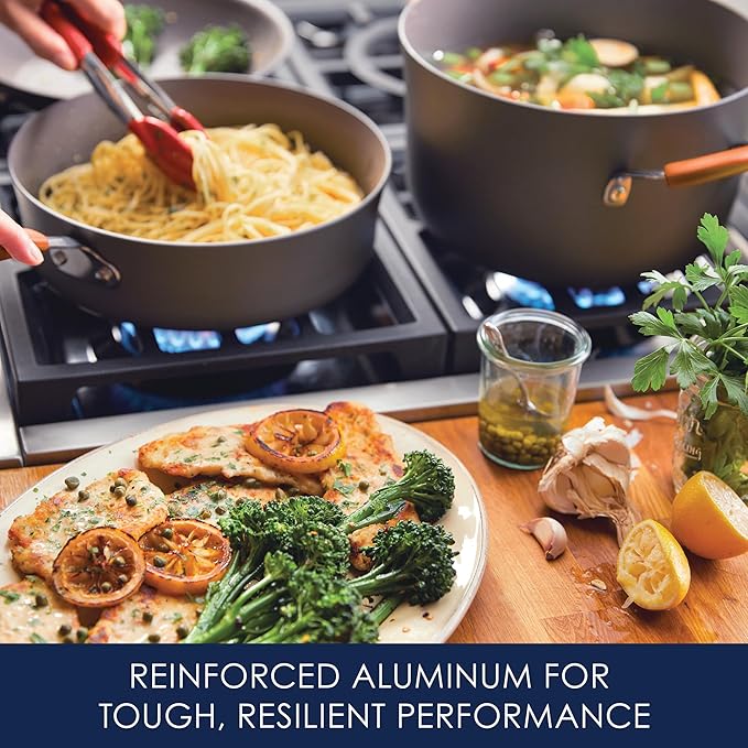 Rachael Ray Cucina Dishwasher-Safe Hard-Anodized Pots and Pans Set Non Stick Cookware, 12 Piece, Gray with Orange Handles