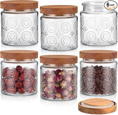 Suclain 6 Pcs 17 OZ Vintage Glass Jar with Acacia Wood Lids Airtight Glass Storage Canisters Kitchen Spice Jars Food Storage Containers for Pantry Coffee Grains Tea Sugar Flour(Fireworks)