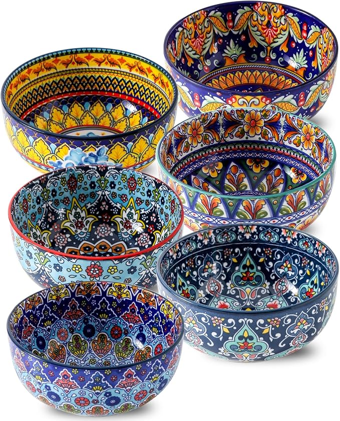 glowworm Cereal Bowls, 26 Oz Ceramic Soup Bowl Set of 6, Colorful Bowl for Kitchen Cooking, Ideal for Rice Oatmeal Fruit Ice Cream Dessert, Dishwasher & Microwave Safe, Bohemian
