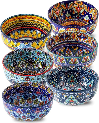 glowworm Cereal Bowls, 26 Oz Ceramic Soup Bowl Set of 6, Colorful Bowl for Kitchen Cooking, Ideal for Rice Oatmeal Fruit Ice Cream Dessert, Dishwasher & Microwave Safe, Bohemian