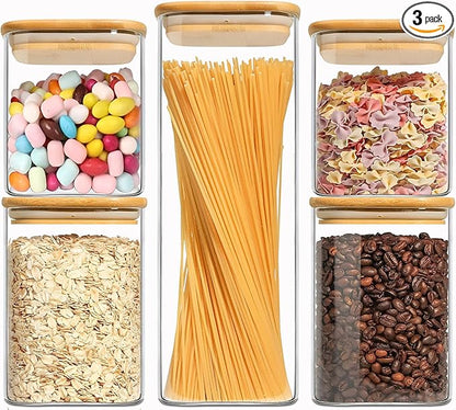 VIEWELLD Food Storage Containers with Airtight Bamboo Lids Set of 5, Glass Canisters with Airtight Lids, Glass Food Storage Containers for Pasta, Oats, Coffee, Flour, Sugar, Best for Kitchen, Square