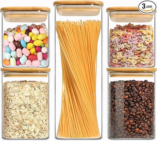VIEWELLD Food Storage Containers with Airtight Bamboo Lids Set of 5, Glass Canisters with Airtight Lids, Glass Food Storage Containers for Pasta, Oats, Coffee, Flour, Sugar, Best for Kitchen, Square