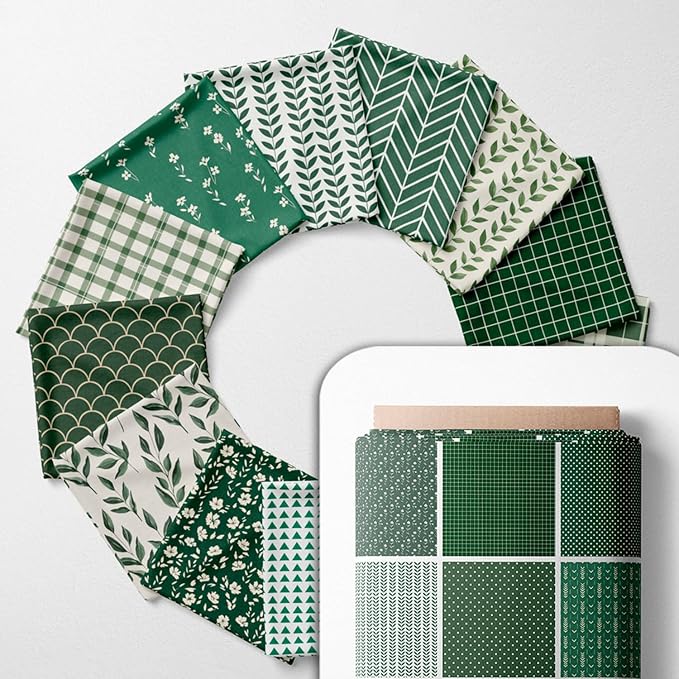 Cotton Satin Patchwork Fabric Panel – 35 Designs, 20×20 cm Squares, Single Piece 150×110 cm, Green Botanical Quilt Fabric (Forest Green Patchwork Set, 35pcs 8x8 inch)