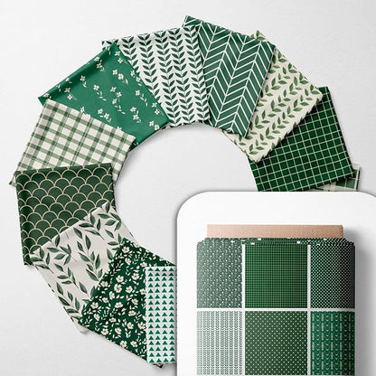 Cotton Satin Patchwork Fabric Panel – 35 Designs, 20×20 cm Squares, Single Piece 150×110 cm, Green Botanical Quilt Fabric (Forest Green Patchwork Set, 35pcs 8x8 inch)