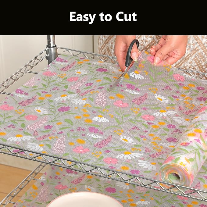 INNOLITES Shelf Liner for Kitchen Cabinets, Non-Adhesive Drawer Liner, Waterproof Washable EVA Floral Pattern, Protect Dresser Cupboard Refrigerator Shelves (Sage Wildflower, 11.8" x 360")