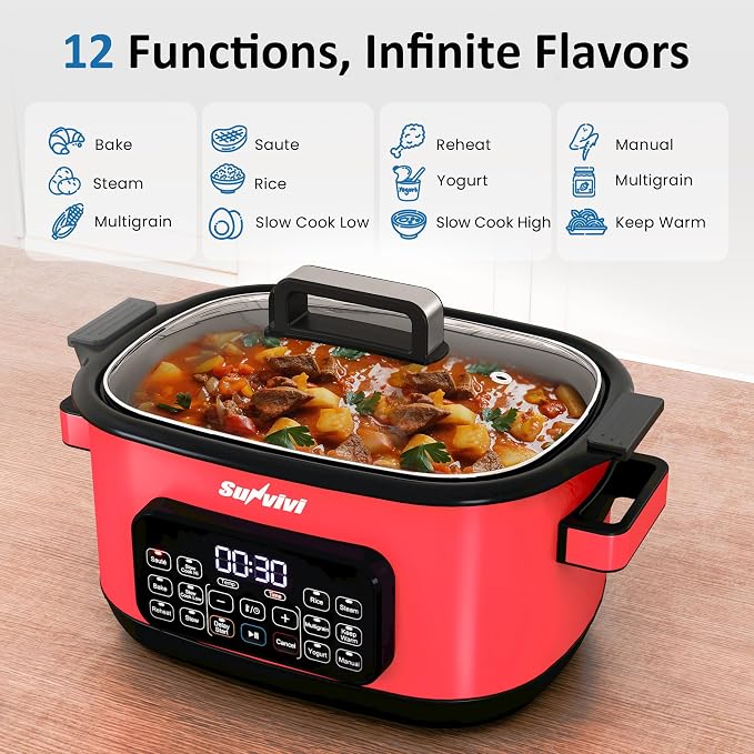 12-in-1 Multicooker, 6.5QT Slow Cooker Roaster Oven, Digital Programmable Multi Functional Pot with Timer Temp Control Delay Start Glass Lid Removable Nonstick Pot, Roast/Steam Rack, Red