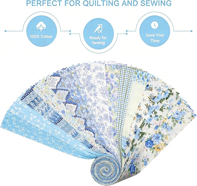 Nodsaw Blue Floral Jelly Roll Fabric Strips, 2.5" x 44" 42 Pcs Soft Cotton Pre-Cut Quilting Fabric Strips for Rug, Blanket, Quilt, Table Runner, and DIY Sewing Craft Projects, Sunshine Blooms