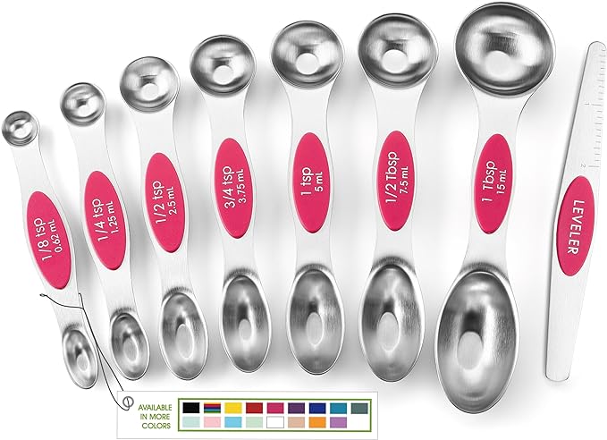 Spring Chef Pink Stainless Steel Magnetic Measuring Spoons Set of 8 with Leveler, Dual Sided Teaspoon & Tablespoon Measuring Set for Dry and Liquid Ingredients, Kitchen Gadgets for Baking & Cooking
