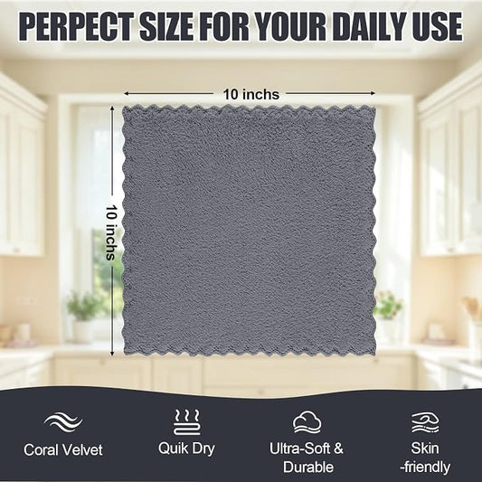 Kitinjoy 24 Pack Kitchen Cloths Dish Towels (10" x 10", Grey), Super Soft and Absorbent Dish Cloths, Nonstick Oil Fast Drying Coral Velvet Microfiber Cleaning