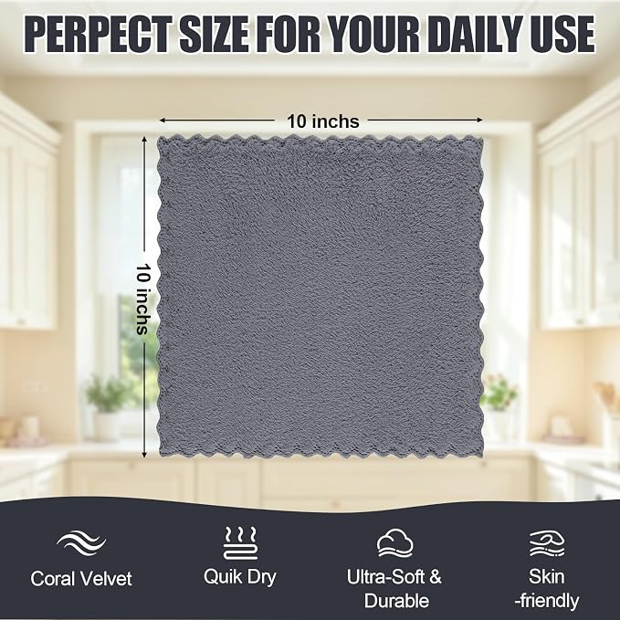 Kitinjoy 24 Pack Kitchen Dish Cloths, Super Soft and Absorbent Coral Velvet Dish Towels (10 x 10 Inches, White/Tan/Grey/Navy Blue/Brown/Grass Green)