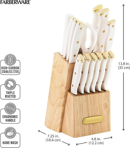 FARBERWARE 15-Piece Knife Block Set, Triple-Riveted High-Carbon Stainless Steel Kitchen Knives, Razor Sharp Blades, Wood Storage Block, White/gold
