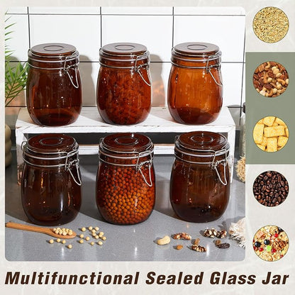 Norme 6 Pack 25oz Amber Airtight Glass Jars with Lids, Round Food Storage Container Airtight Food Wire Clip Fastening for Sauerkraut Flour Kitchen Sugar Cereal Kitchen Canning Pickling Mason Jars
