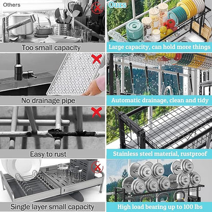 Over the Sink Dish Drying Drainer Rack - Height & Width Adjustable Large Capacity Stainless Steel Kitchen Storage Organization Plate Strainers Above Kitchen Counter (W24.4-38.2" ~ H17.7-22.1" Black)