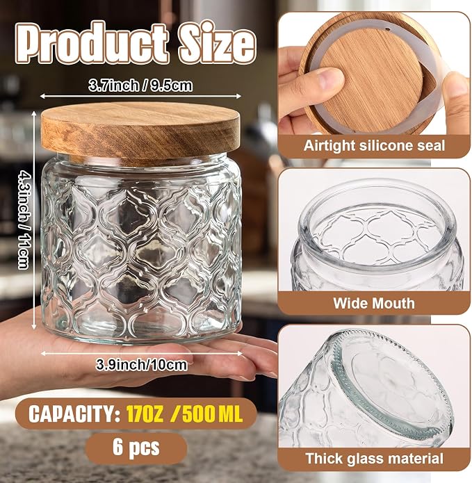 Suclain 6 Pcs 17 OZ Vintage Glass Jar with Acacia Wood Lids Airtight Glass Storage Canisters Kitchen Spice Jars Food Storage Containers for Pantry Coffee Grains Tea Sugar Flour(Lantern)