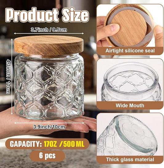 Suclain 6 Pcs 17 OZ Vintage Glass Jar with Acacia Wood Lids Airtight Glass Storage Canisters Kitchen Spice Jars Food Storage Containers for Pantry Coffee Grains Tea Sugar Flour(Lantern)