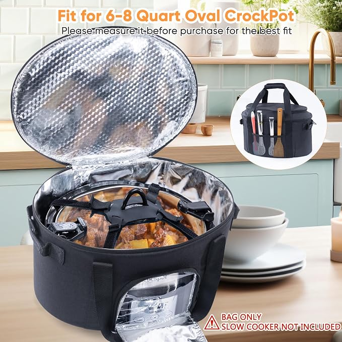 Double-Layer Slow Cooker Carrying Bag for 6-8 Quart CrockPot and Hamlton Beach Slowcooker, Travel Bag with Lid Fastener for Crock-pot, Portable Carrier with See-throught Window (BAG ONLY)