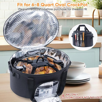 Double-Layer Slow Cooker Carrying Bag for 6-8 Quart CrockPot and Hamlton Beach Slowcooker, Travel Bag with Lid Fastener for Crock-pot, Portable Carrier with See-throught Window (BAG ONLY)
