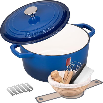 VORRINGARD Enameled Cast Iron Dutch Oven Pot with Lid, for Bread Baking, Round Bread Oven- include Sourdough Bread Baking Supplies Set, 6QT, Blue