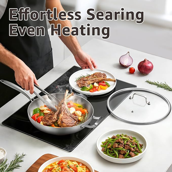 Inqibee 12 Inch Tri-Ply Stainless Steel Frying Pan with Lid and Helper Handle, Skillet, Induction Cooking Pan, Dishwasher and Oven Safe, Detachable Handle.