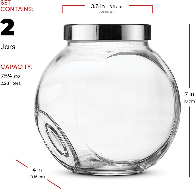 Bormioli Rocco Pandora Glass Candy Jar 75½-Ounce Cookie Jar (2 Pack) with Plastic Airtight Seal Lid 2-Way Display, Bulk-Food Storage Jar for Snacks, Dry Food, Jelly Beans Canister, Apothecary Jars.