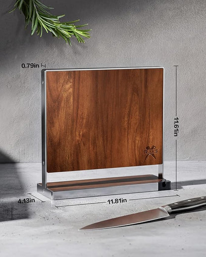 RAVS Magnetic Knife Holder for Countertop, Double-Sided Acacia Wood Magnetic Knife Block with Stainless Steel Frame, Freestanding Knife Storage Rack with Knife Sharpener, Magnetic Knife Holder Stand