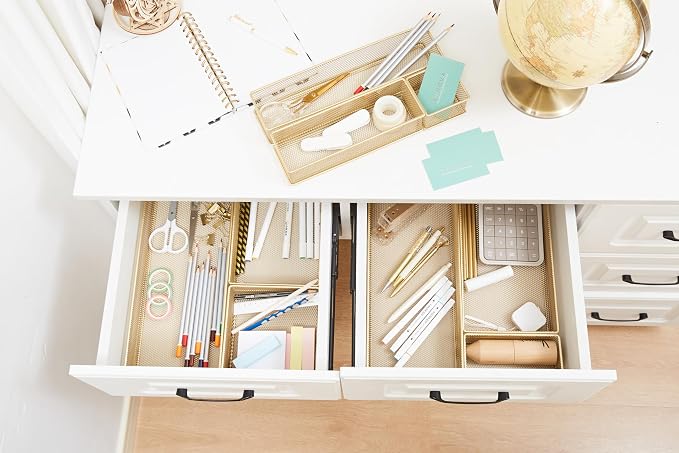 Annova Mesh Stackable Drawer Cabinet and Shelf Organizer Bins Storage Basket School Office Supply Holder Tray- Set of 2 (Gold, 6x12x2 Inch)