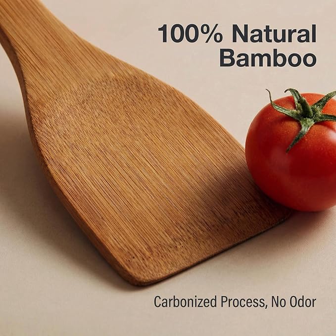 Premium Natural Carbonized Bamboo Kitchen Utensil Set, 6-Piece Non-Scratch Wooden Spoons & Spatulas, Durable Heat-Resistant Tools for Non-Stick Pans (Carbonized Bamboo 02)
