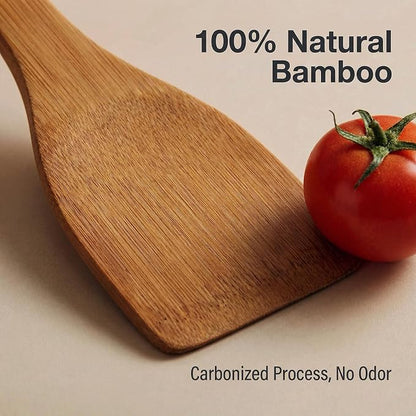 Premium Natural Carbonized Bamboo Kitchen Utensil Set, 6-Piece Non-Scratch Wooden Spoons & Spatulas, Durable Heat-Resistant Tools for Non-Stick Pans (Carbonized Bamboo 02)