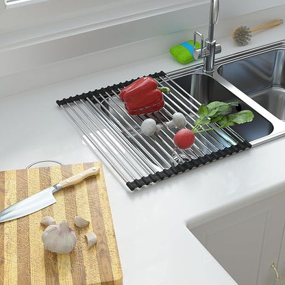 Expandable Roll Up Dish Drying Rack Over The Sink Rack, Foldable Dish Drainer Rack Stainless Steel for Large Sink, Silicone Rollable Collapsible Rack 18 Tube for Kitchen(Sliver,12.8'' to 21.25”)