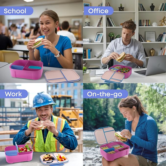 KARRICO Leakproof Lunch Box – 3-Compartment Bento Box, Cooler Pack & Adjustable Divider, Extra Large & BPA-Free – Dishwasher Safe, Ideal for On-the-Go Meals, Pink & Blue