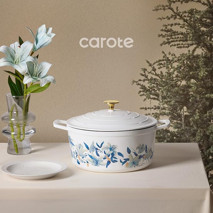 CAROTE 7 QT Enameled Floral Cast Iron Dutch Oven Pot with Lid, Cotton Potholders & Oven Gloves, Cast Iron Pot for Sourdough Bread Baking, All Stovetop Compatible, Oven Safe up to 500° F, White & Blue