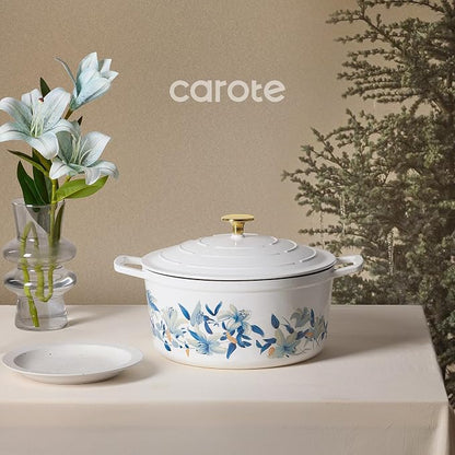 CAROTE 7 QT Enameled Floral Cast Iron Dutch Oven Pot with Lid, Cotton Potholders & Oven Gloves, Cast Iron Pot for Sourdough Bread Baking, All Stovetop Compatible, Oven Safe up to 500° F, White & Blue