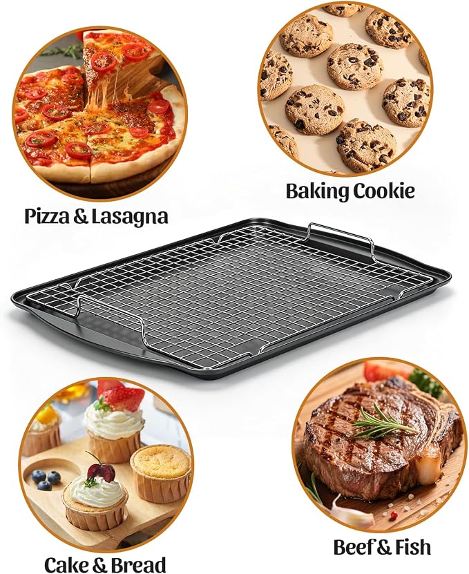 17.3" Large Baking Sheet with Rack & Glove, Carbon Steel Cookie Sheets for Baking, Nonstick Heavy Duty, Dishwasher Safe, Easy Clean, Dark Gray