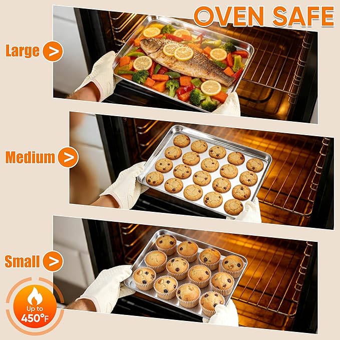 LIANYU Baking Sheet Pans Set of 3, Stainless Steel Cookie Sheets for Baking, 17.5/16/12.4 Inch, Half/Quarter/Jelly Roll Pans for Oven, Mirror Finish Metal Tray, Heavy Duty & Rust Resistant