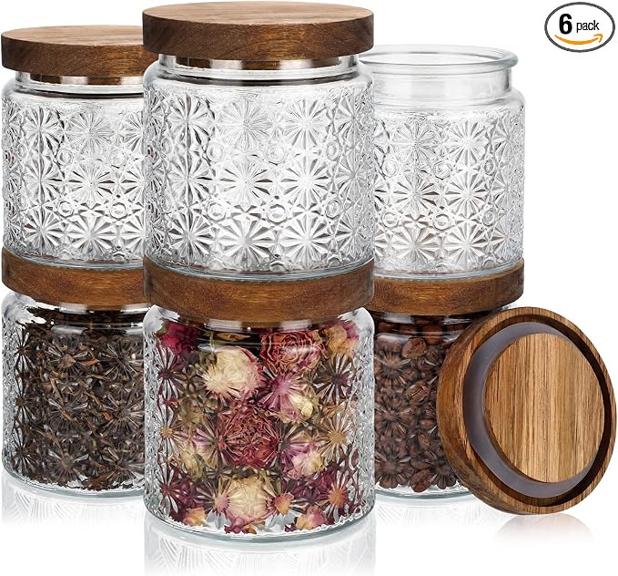 Suclain 6 Pcs 17 OZ Vintage Glass Jar with Acacia Wood Lids Airtight Glass Storage Canisters Kitchen Spice Jars Food Storage Containers for Pantry Coffee Grains Tea Sugar Flour(Stars)