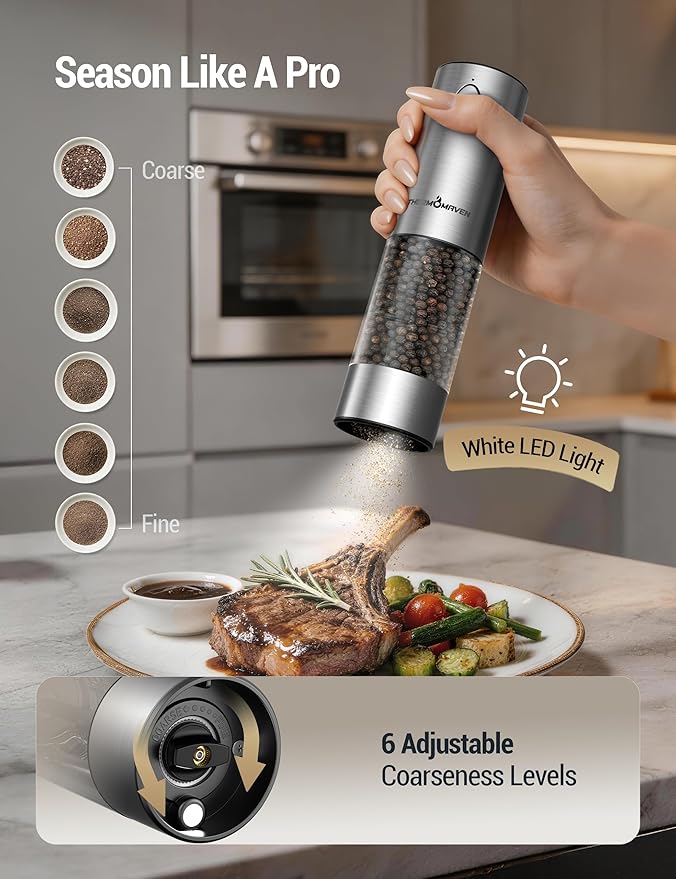 ThermoMaven Electric Salt and Pepper Grinder Set, 110ml Larger Rechargeable Automatic Salt and Pepper Mill Grinder with 6 Adjustable Coarseness, Electric Salt and Pepper Shakers, LED, Midnight Black
