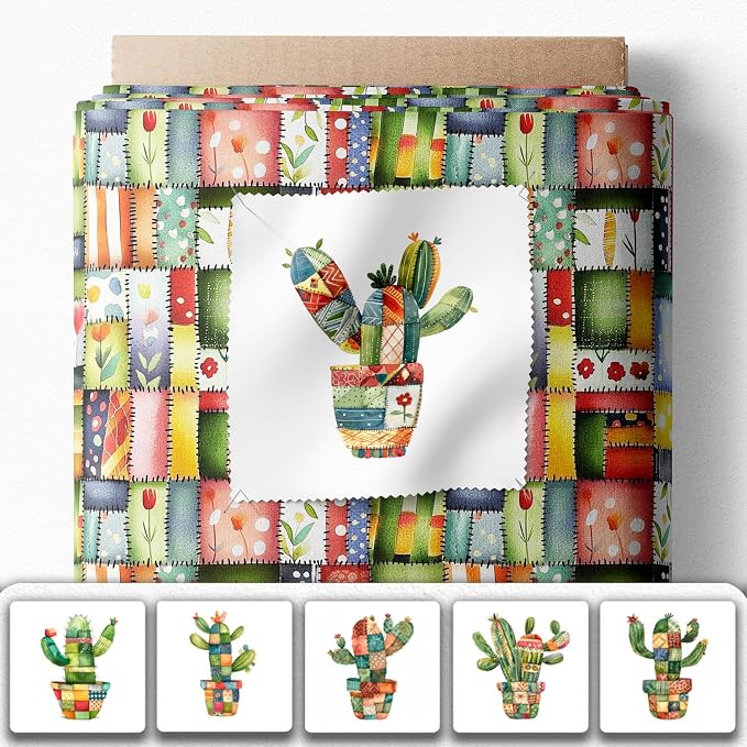 Patchwork Cactus Cotton Fabric Panel – Six 10×10 inch Designs + Bonus 29.5×19.6 inch Patchwork Sheet, 100% Turkish Cotton 140 GSM