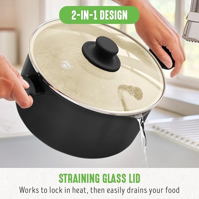 GreenLife 6QT Ceramic Nonstick Stockpot with Glass Straining Lid, PFAS-Free, Dishwasher Safe, Stay-Cool Handles, Oven Safe to 350°F, Wobble-Free Base, Even Heating, Black