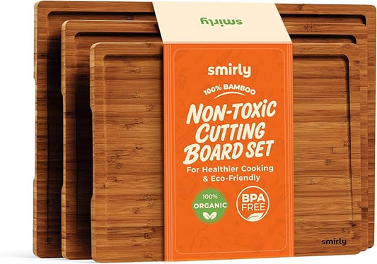 SMIRLY Bamboo Cutting Boards for Kitchen - Wood Cutting Board for Meal Prep, Serving, Charcuterie - Kitchen Gadgets, House Warming Gifts - Wooden Chopping Board Set of 3 - Brown Bamboo