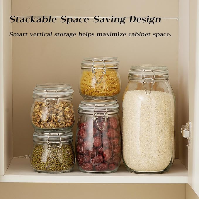 BJONKZ Glass Jars with Airtight Lids – Food Storage Containers with Preserving Seal Wire Clip Fatening, Glass Canisters for Kitchen Canning Flour, Cereal, Sugar, Beans (10oz*8)