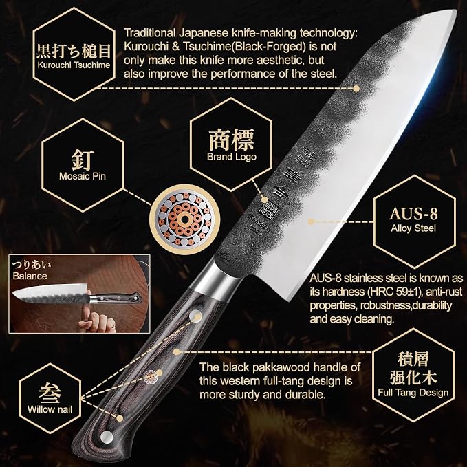 kanngou 7 Inch Santoku Knife, Black Forged Japanese Chef Knife with AUS-8 Alloy Steel, Japanese Santoku Knife with Full Tang Pakkawood Handle, Christmas Gift with Premium Box (7 Inch Santoku Knife)