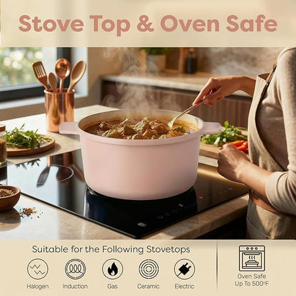 Gotham Steel 5 Qt Dutch Oven Pot with Lid, Nonstick Ceramic Dutch Oven Stock Pot, 10 in 1 Cooking Pot & Dutch Oven for Bread Baking, Lightweight, Oven & Dishwasher Safe – Pink