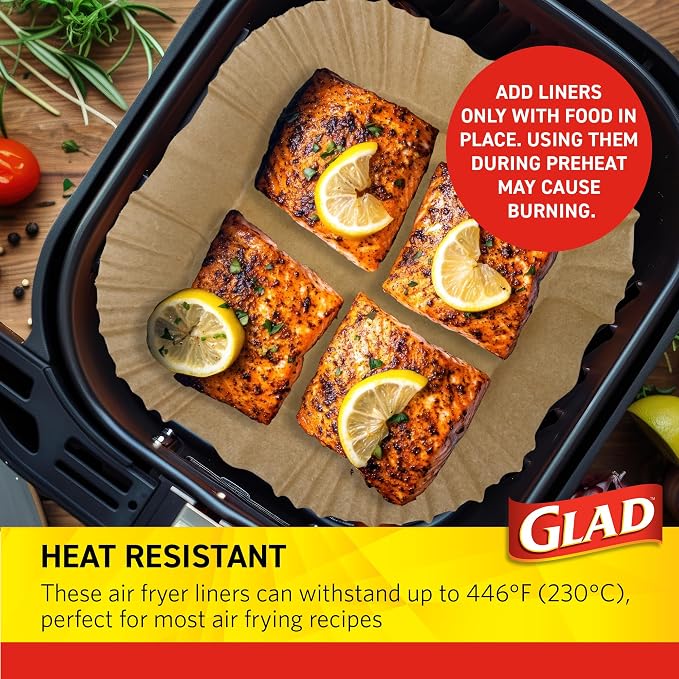 Glad Air Fryer Liners with Raised Walls, Nonstick Parchment, Heat Resistant to 446 Degrees F, Food-Grade, Rounded Square Shape, Fits Square and Round Air Fryers, 7.9", 100 Count