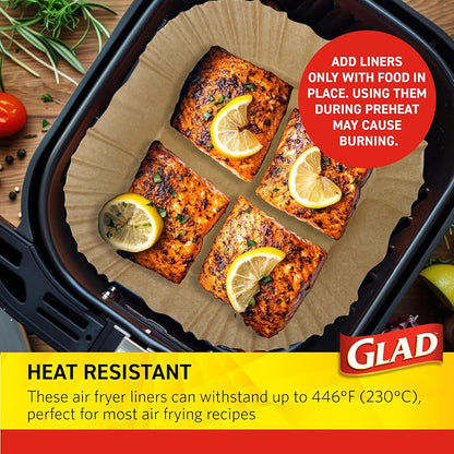 Glad Air Fryer Liners with Raised Walls, Nonstick Parchment, Heat Resistant to 446 Degrees F, Food-Grade, Rounded Square Shape, Fits Square and Round Air Fryers, 7.9", 100 Count