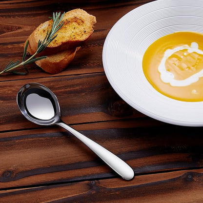 KEAWELL Premium 7.3 Inches Soup Spoons with Hook Handle, Set of 4, 18/10 Stainless Steel, Deep Bowl, Perfect for Ramen, Pho, Miso, Dumplings, Noodles, Wonton, Dishwasher Safe (Round-Handle)