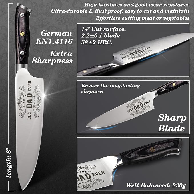 Funistree Gifts for Men Dad Fathers Day from Daughter Son Kids, 8 inch Pro German 1.4116 Chef Knife, Best Kitchen Knife Gifts Set for Him husband Birthday Anniversary